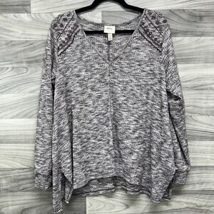 Knox Rose Blouse Women's Large Brown Heather Long Sleeve Embroidered V-Neck Top